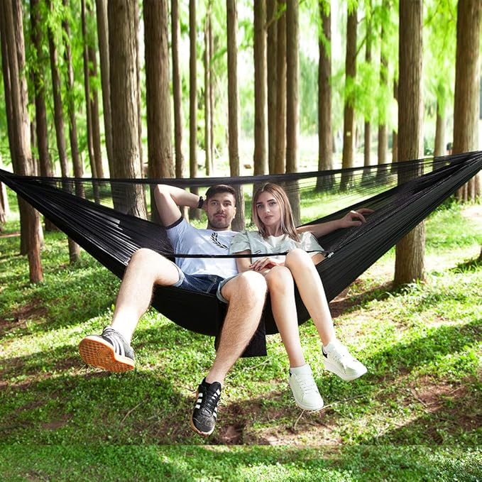 Camping Hammock with Rain Fly Tarp Mosquito Net Heavy Duty Tree Straps Portable Double Parachute Hammocks Tent Waterproof Rainfly Set Black