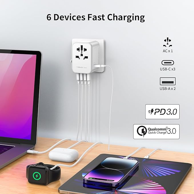 MOMAX European Travel Plug Adapter, 35W PD Fast Charging, Universal Travel Adapter with 3 USB-C and 2 USB-A Ports, International Power Adapter for Most Europe, USA, Japan, Australia (Type C/A/G/I)