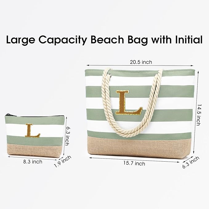 Becokan Beach Bag Initial Beach Tote with Makeup Bag for Travel Work Storage Personalized Birthday Gifts for Women Her