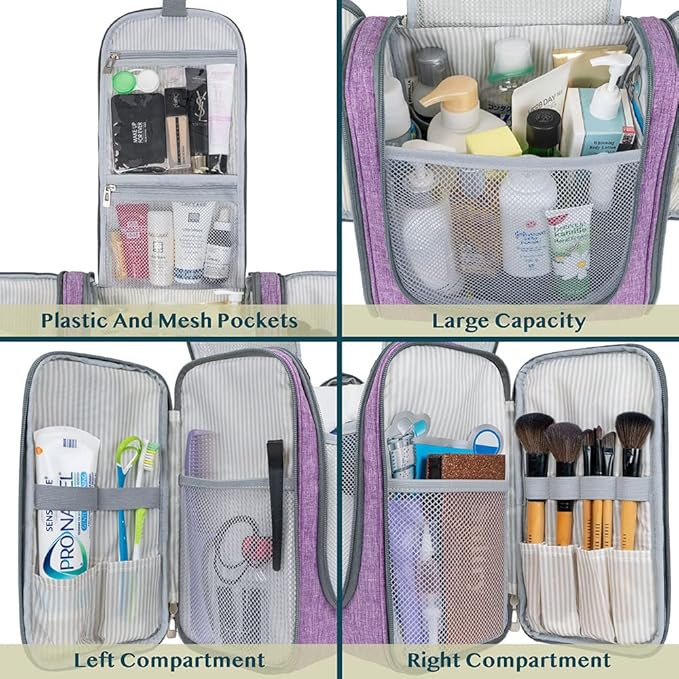 PAVILIA Extra Large Toiletry Bag Travel Bag for Women Men, Hanging Cosmetic Organizer, Water Resistant Makeup Bag for Accessories Toiletries, Travel Essentials Kit (Purple)