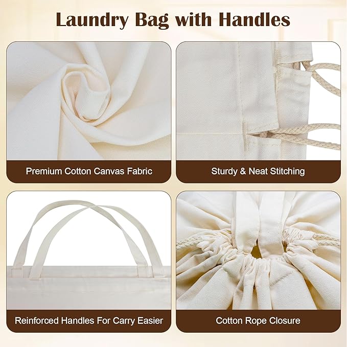 Canvas Laundry Bags with Handles & Rectangular Base, 90L Extra Large Heavy Duty Laundry Basket Hamper Liner Replacement, Washable Cotton Drawstring Dirty Clothes Bag
