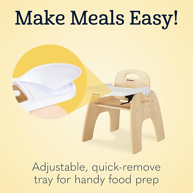 Foundations Easy Serve 7" Wood Feeding Chair for Toddlers, Adjustable Harness, Removable Dishwasher Safe Tray, “No Tip” Base, Baltic Birch Plywood