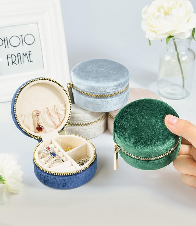 TAIMY Travel Jewelry Organizer, Small Round Velvet Travel Jewelry Case for Women Girls, Portable Mini Jewelry Travel Organizer Boxes for Rings Earrings Necklaces Bracelets(White)