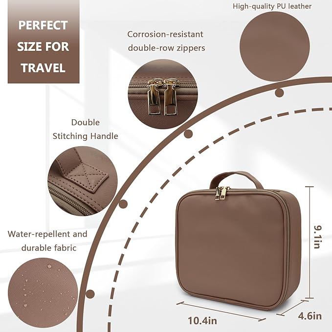 Travel Makeup Bag with LED Lighted Mirror, Travel Makeup Organizer,3 Color Setting Cosmetic Makeup Box, Adjustable Dividers and Brush Holder（Mocha）
