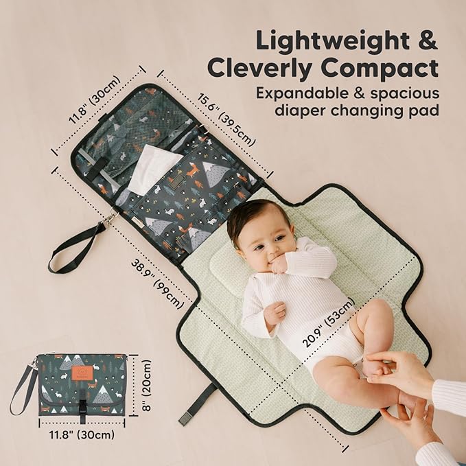 KeaBabies Portable Diaper Changing Pad - Large Waterproof Baby Changing Mat, Compact Travel Diaper Clutch,Functional Pockets Fit Newborn Essentials,Wipeable & Padded Baby Changer(Woods)