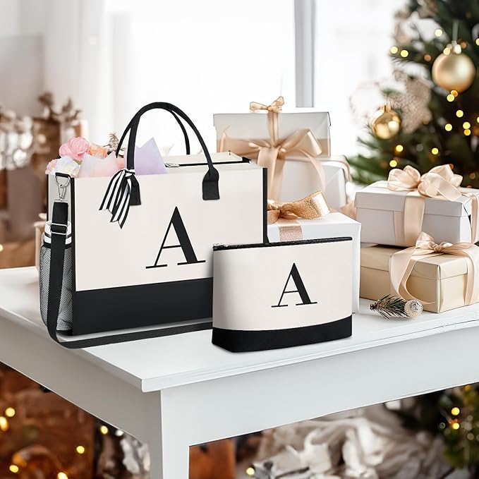 BAGAIL Initial Tote Bag, Personalized Birthday Gifts for Women, Teacher, Friends, Mom, Wedding, Monogrammed Beach Bag