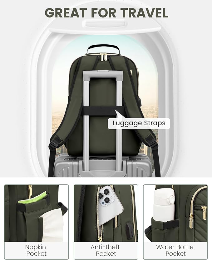 LOVEVOOK Laptop Backpack for Women, Travel Computer Work Bags with 17-inch Laptop Compartment, College School Student Bag Teen Backpacks For Girls, Outdoor Carry On Backpack Purse, Army Green