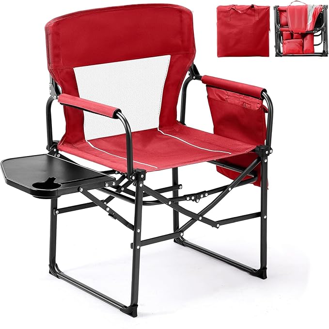VINGLI Camping Chairs, Directors Chair, Camping Chair with Side Table & Carry Bag，Heavy Duty Camping Chairs for Adults, Portable Folding Camping Chair, Pocket for Beach, Fishing,Trip,Picnic,Lawn-Red