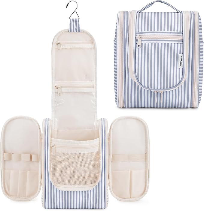 Narwey Small Striped Hanging Travel Toiletry Bag for Women, Travel Bag for Toiletries, Makeup Bag Organizer Cosmetic Bags Make Up Bags for Women (Greyish Blue Stripe)
