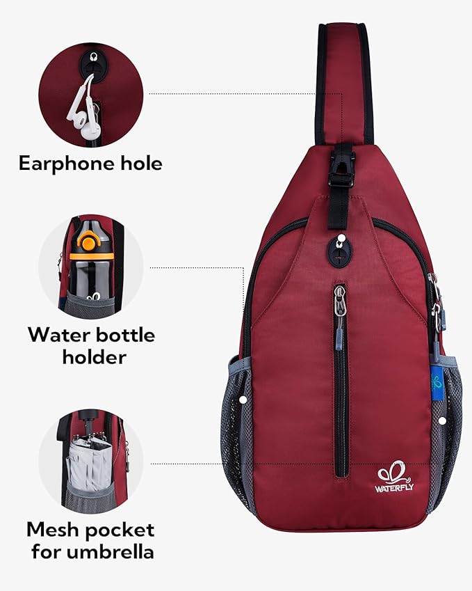 WATERFLY Crossbody Sling Backpack Sling Bag Travel Hiking Chest Bag Daypack