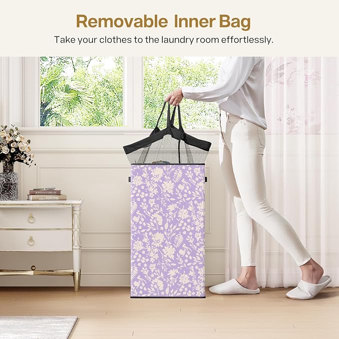 SOLEDI Laundry Hamper with Lid, 90L Tall & Large Floral Laundry Basket, Collapsible Clothes Hamper with Removable Bag, Dirty Hampers for Bedroom, Bathroom, Laundry Room