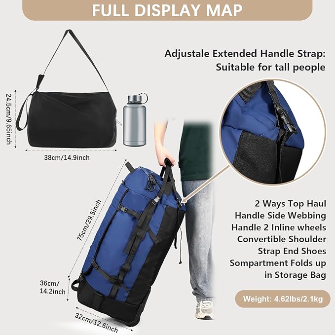 Rolling Duffle Bag with Wheels,86L 30”Folding Duffle Backpack with 2 Wheels,Travel Bag with Separate Shoe Compartment,Dark Blue