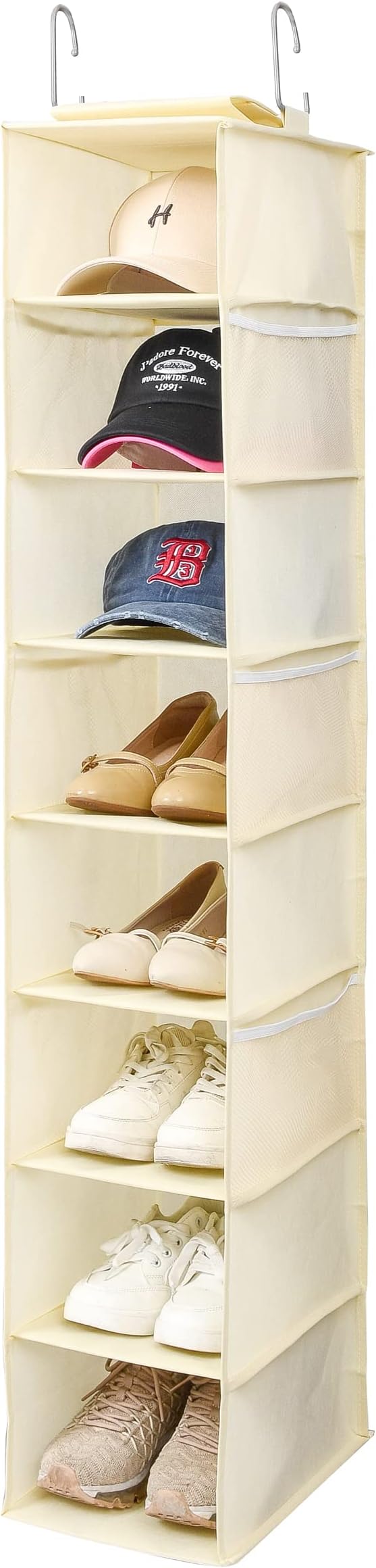Hanging Shoe Organizer for Closet with Side Mesh Pockets，Hat Racks for Baseball Caps，Shoe and Hat Holder & Storage，8-Shelf，Beige，1 Pack