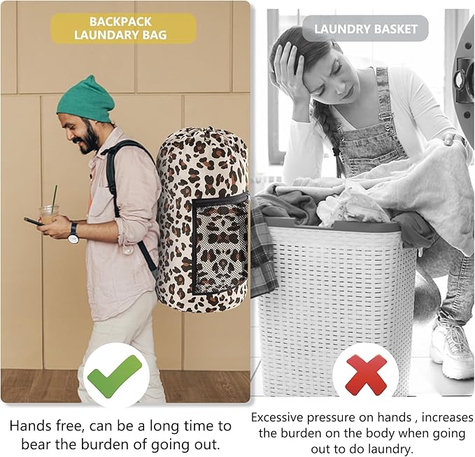 Laundry Bag Backpack, Extra Large Travel Laundry Bag with Mesh Pocket & Adjustable Shoulder Straps,Dirty Clothes Travel Bag for College Students Dorm,Apartment(Leopard Print)