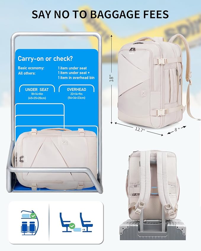 ECOHUB 30L Carry on Travel Backpack for Men Women 18x14x8, 17 inch Expandable Airlines Personal Item Bag Water Resistant Laptop Backpack Flight Approved with USB Slot & Wet Pocket, Beige