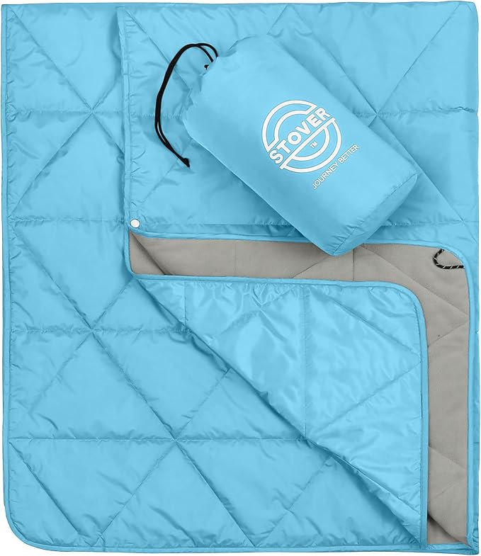 STOVER Outdoor Waterproof Fleece Travel Blanket for Camping, Picnics, Stadiums, Sports, The Beach– Warm, Windproof, Compact, Lightweight & Sand-Resistant (Sky Blue)