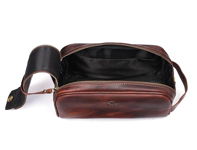 10" Premium Leather Toiletry Travel Pouch With Waterproof Lining | King-Size Handcrafted Vintage Dopp - Kit Gift for Father's Day By Aaron Leather Goods