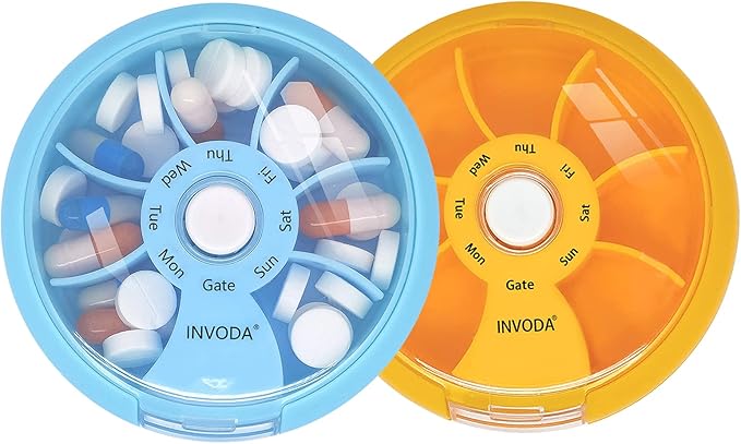 INVODA Weekly Pill Organizer 7 Compartment Rotating Pill Box for Daily Medication & Vitamins - Portable Travel Pill Case Fish Oil Supplements Vitamins Organizer (Blue+Orange)