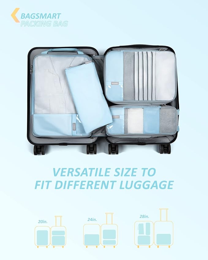 BAGSMART 6 Set Compression Packing Cubes - Lightweight Travel Essentials, Durable Luggage Organizer