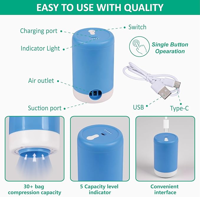Cozy Essential Travel Vacuum Bags with Electric Pump, 6 Pack Vacuum Travel Bags for Luggage and Suitcase, Vacuum Seal Space Saver Compression for Clothes Clothing