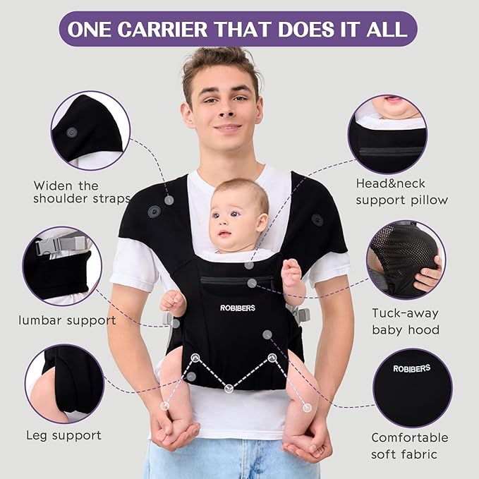 Baby Carrier Newborn to Toddler - Wrap Baby Carrier for 7-50 lbs, M-Shaped Sitting Posture, Toddler Carrier with Soft Fabrics for Front and Back Carrying, Black