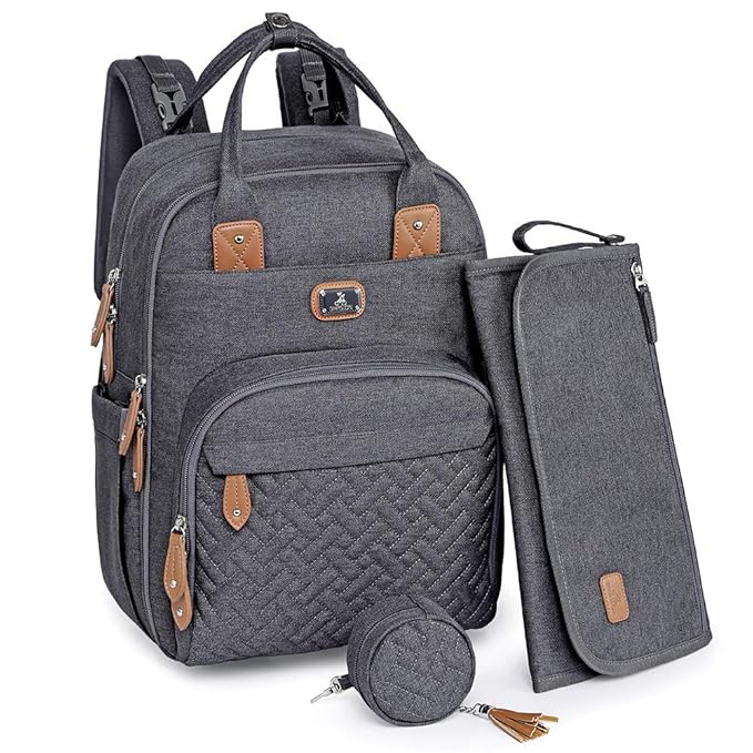 Dikaslon Diaper Bag Backpack with Portable Changing Pad, Pacifier Case and Stroller Straps, Large Unisex Baby Bags for Boys Girls, Multipurpose Travel Back Pack for Moms Dads, Dark Gray