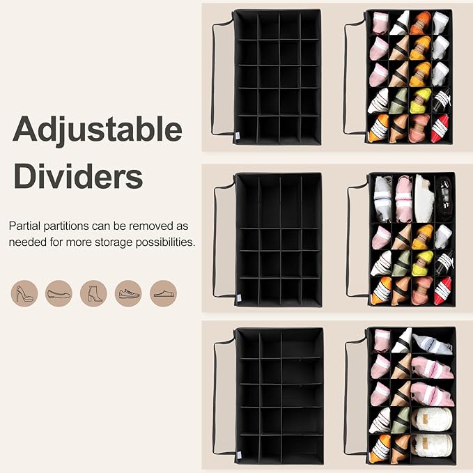 Shoe Organizer for Closet, Foldable Shoe Box with Adjustable Dividers and Clear Cover, Space Saving Shoe Storage Organizer Cabinet with Reinforced Handles, Fits 20 Pairs, Black, TP10B