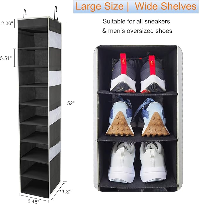 Large-Sized Hanging Shoe Organizer 10-Shelf, Sturdy Hanging Closet Organizer with 8 Side Pockets, Wider Hanging Shelves for Storage Shoes Clothes Jeans Shirts Toys, Black