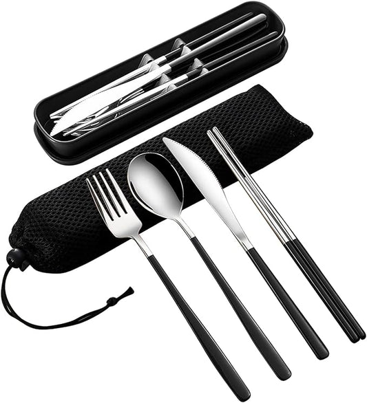 VANRA 4-Piece Portable Travel Utensils Set with Case 18/8 Stainless Steel Flatware Set Reusable Cutlery Set with Fork Spoon Knife Chopstick for Lunch Travel Camping School Work Picnic (Black)