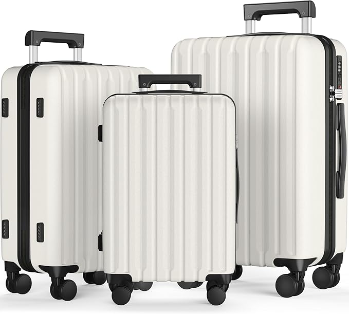 SHOWKOO Luggage Sets 3 Piece 100% PC Ultra Tough Hardside Expandable Suitcases Sets with TSA Lock Double Spinner Wheels (20in/24in/28in, White