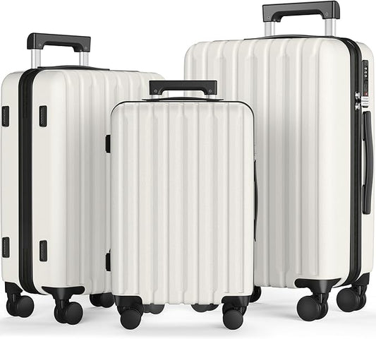 SHOWKOO Luggage Sets 3 Piece 100% PC Ultra Tough Hardside Expandable Suitcases Sets with TSA Lock Double Spinner Wheels (20in/24in/28in, White