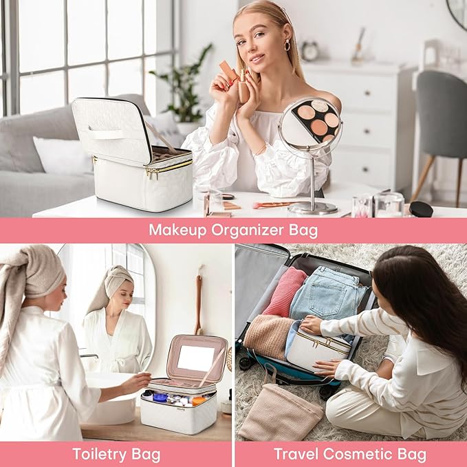 Large Makeup Bag with Mirror Double Layer Travel Make Up Organizer Case, Large Capacity Coemetic with Brush Slot Divider, Travel Toiletry Bag for Women - White/Beige
