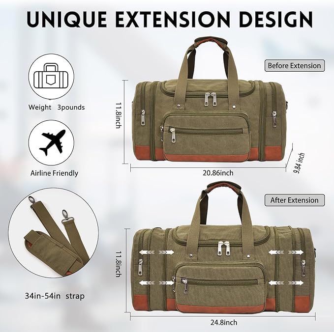 Men'S Duffle Bag For Travel, Expandable Canvas Duffel Bags Overnight Weekend Gym Carry On Luggage Bag For Men(Green)