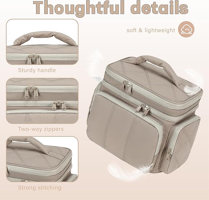 LEDAOU Toiletry Bag for Women,Quilted Travel Makeup Bag Organizer with Double Deck, Large Wide-open Cosmetic Make up Bag for Travel Essentials (Camel)
