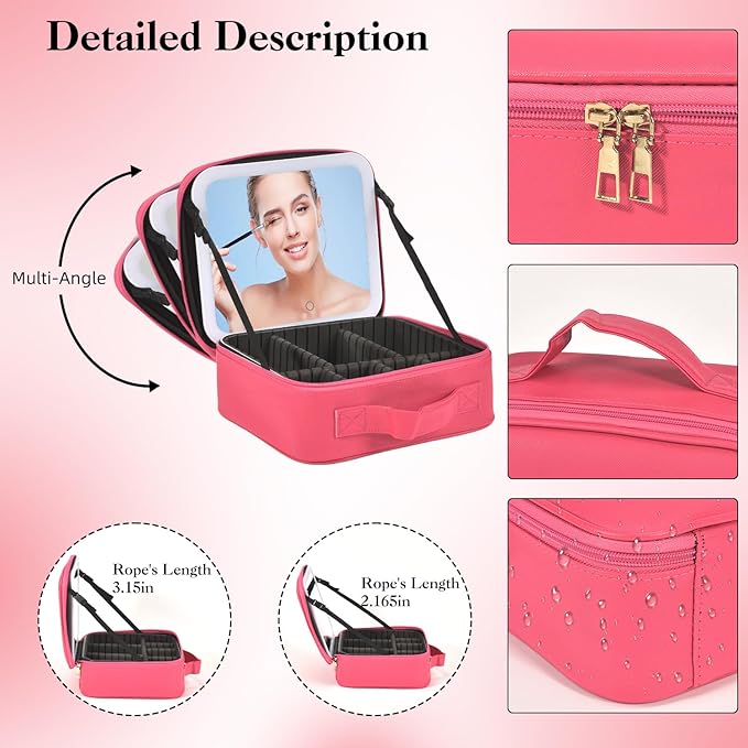 Travel Makeup Bag With LED Mirror,Cosmetic Train Case with 3 Color Setting,Cosmetic Makeup Organizer Bag with Adjustable Dividers,Portable Make up Box with Make up Brushes Holder Storage(Rose)