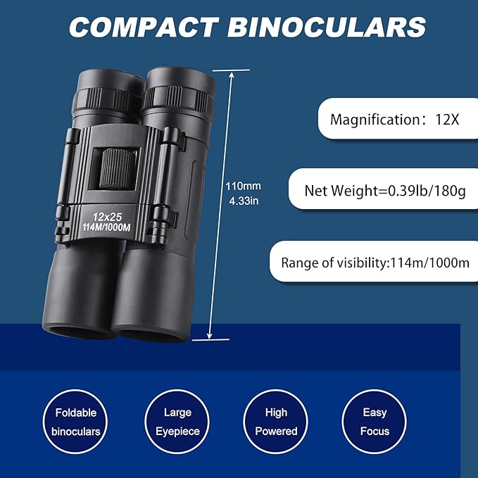 12x25 Compact Binoculars, High Powered Easy Focus Binoculars, Portable Large Eyepiece Binocular for Adults Kids Bird Watching,Opera Concert, Travel, Hiking, Outdoor Scenery, Football Game
