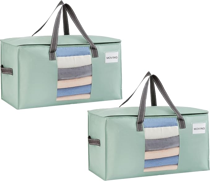 VENO 2 Pack Moving Bags, Comforter and Blanket Storage Bags for Closet, Moving Boxes, Boxes with Lids Alternative, College Dorm Packing Supplies, Foldable Heavy-Duty Tote (Light Green Matte, 2 Pack)
