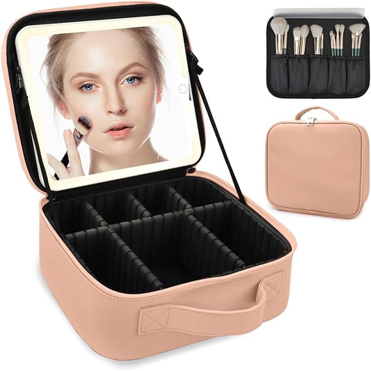 Travel Makeup Bag for Women and Makeup Artists Cosmetic Organizer Large Makeup Case,Travel Makeup Bag with Mirror 3 Color Setting,Portable Storage and Adjustable Dividers(khaki)