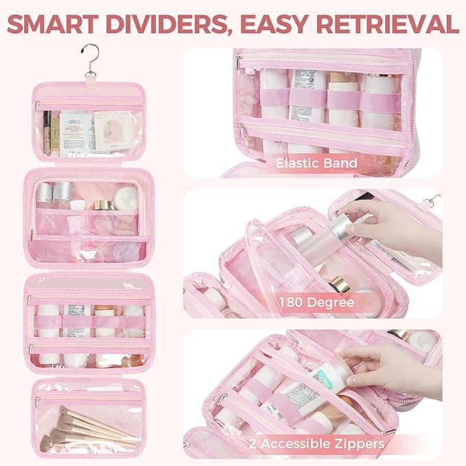Toiletry Bag For women,Portable Hanging Organizer,4 Leakproof Compartment for full-sized Conditioner, Brushes Set, Makeup Accessories,Visible and easy to access.M-pink