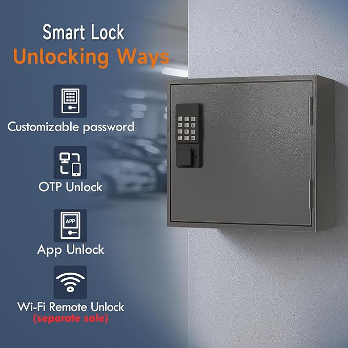 WeHere Smart Key Lock Box, Wall Mounted Key Cabinet with 60 Key Tags, Bluetooth App Control, OTP & Password Unlock, Wi-Fi Remote Unlock (Bridge Required), Steel Key Safe for Office Home Business