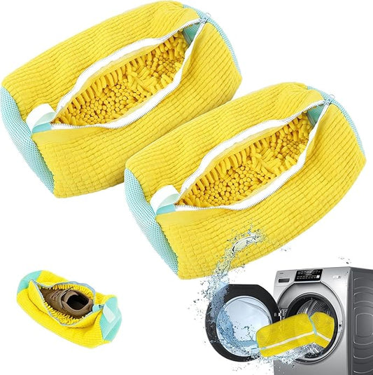 2Pcs Shoe Washing Machine Bags, Laundry Shoe Bags for Washer and Dryer, Sturdy Zipper with Hook Design, Reusable Washing Bag for Sneaker, Tennis, Fits All Shoe Types & Sizes, （Yellow 2 Packs）