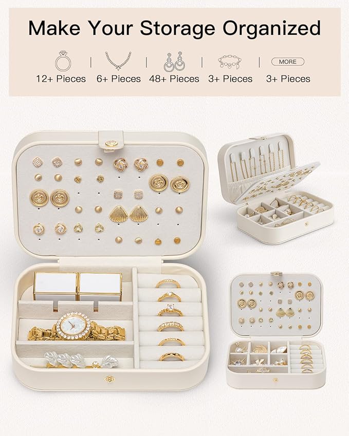 Vlando Travel Jewelry Case for Women Girls Mothers, PU Leather Small Mini Jewelry Box for Rings, Necklaces, Bracelets, Earring Holder Organizer Storage for Travel Accessories, Bridesmaid Gifts - Beige