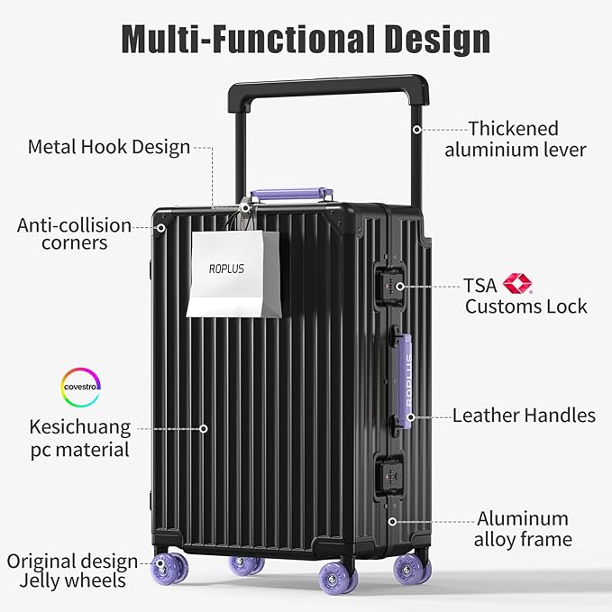 Aluminium Frame Checked-Luggage with Smooth Jelly Wheels, Hardside Zipperless Rolling Suitcase with TSA Lock (BlackPurple, 24-Inch)