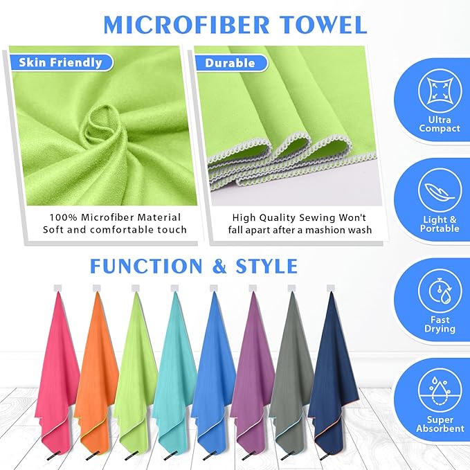 HOEAAS 2 Pack Microfiber Camping Towels, Quick Dry Towel, Super Absorbent Ultra Compact Travel Towel Soft Lightweight Sports Towel for Sweat Fast Drying Towels for Pool,Gym,Hiking,Backpacking,Fitness