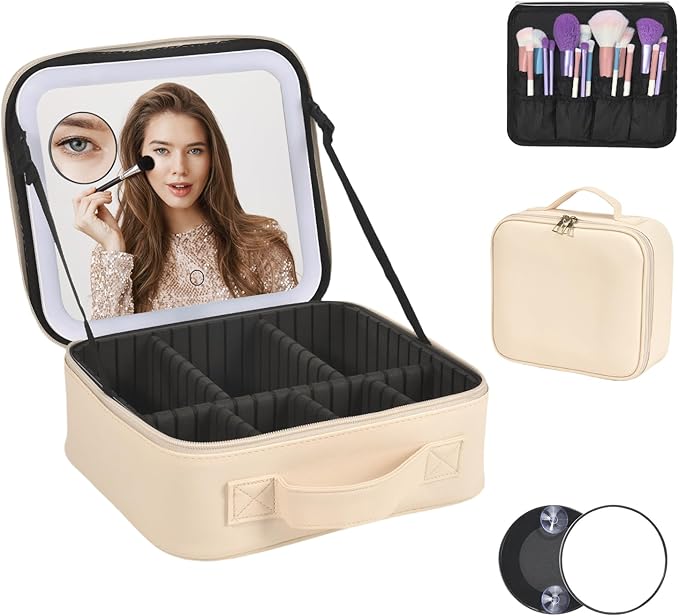 Travel Makeup Bag With LED Mirror,Makeup Travel Train Case with 3 Color Setting,Cosmetic Makeup Organizer Bag with Adjustable Dividers,Portable Make up Bag with Makeup Brush Holder Storage（Beige）