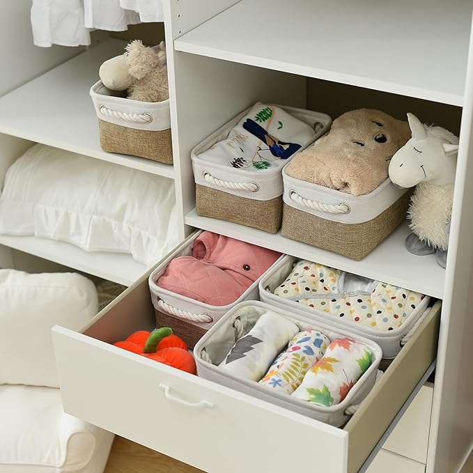 TheWarmHome Storage Basket for Organizing - 1 Pack 12x8x5.2 inch Baskets for Gifts Empty with Handles, Fabric Storage Cubes for Organizer Closet Dog Gift Cloth Toy (Whiet & Khaki)