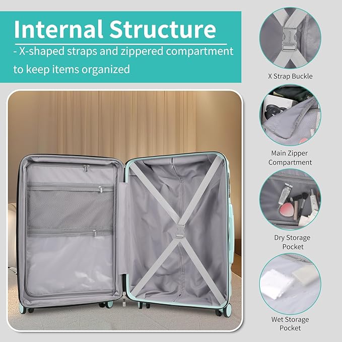 5-Piece Luggage Set, Lightweight ABS+PC Hard Shell Suitcase with YKK Zipper & TSA Lock for Family, MInt Green, 14in/18in/20in/24in/28in