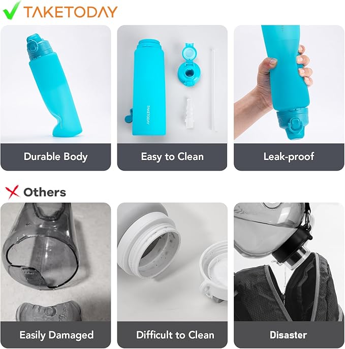 TakeToday Collapsible Water Bottles 32oz, Foldable Travel Water Bottle, BPA Free, Silicone Water Bottle Leakproof for Hiking, International Travel, Outdoors