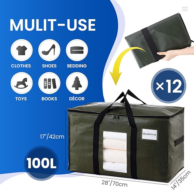 TAILI 12 Pack Green Extra Large Storage Bags, Heavy Duty Totes with Visible Window, Wrap Around Handles, Perfect for Moving and Storage