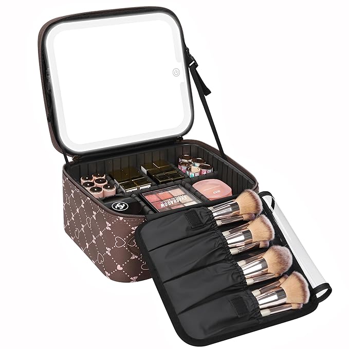 Relavel Travel Makeup Bag With LED Mirror, Portable Cosmetic Organizer Bag with Adjustable Brightness in 3 Color Scenarios, Small Train Case with Detachable Dividers for Trip- Brown Bowknot